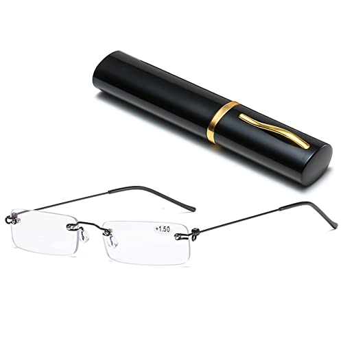 Lanomi Mini rahmenlose Lesebrille Blaulichtfilter Schmal Damen Herren Ultraleichte Rechteck Randlos Lesehilfe Klein Brille mit MetallEtui Schwarz 1.5 von Lanomi