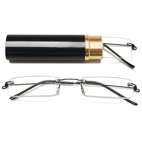 Lanomi Mini rahmenlose Lesebrille Blaulichtfilter Schmal Damen Herren Ultraleichte Rechteck Randlos Lesehilfe Klein Brille mit MetallEtui Schwarz 1.5 von Lanomi