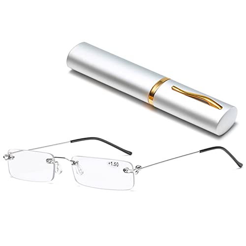 Lanomi Mini rahmenlose Lesebrille Blaulichtfilter Schmal Damen Herren Ultraleichte Rechteck Randlos Lesehilfe Klein Brille mit MetallEtui Silber 1.5 von Lanomi