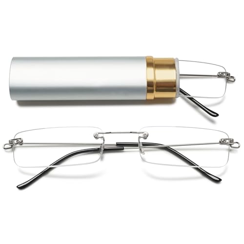 Lanomi Mini rahmenlose Lesebrille Blaulichtfilter Schmal Damen Herren Ultraleichte Rechteck Randlos Lesehilfe Klein Brille mit MetallEtui Silber 1.5 von Lanomi