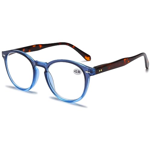 Lanomi Mode Anti Blaulicht Lesebrille Kleine Runde Rahmen Federscharniere Lesehilfe Komfortabel Herren Damen Sehhilfe Blaulichtfilter Brille 1.0 bis 4.0 Farbverlauf Blau Rahmen Schildpatt Arm 2.0 von Lanomi