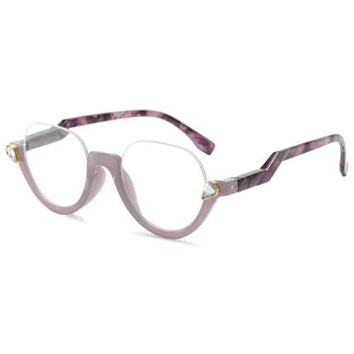 Lanomi Mode Halbrahmen Lesebrille Blaulichtfilter Rund Halbbrille Damen Herren UV400 Schutz Sehhilfe Lesehilfe Grau Rahmen Lila Floral Arm 1.5 von Lanomi