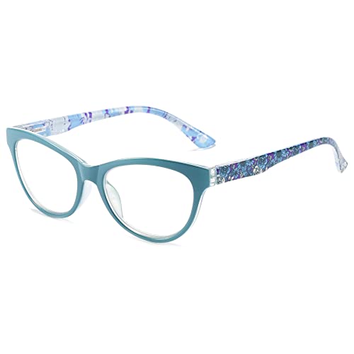 LANOMI Mode Lesebrille Damen Blumenmuster Katzenauge Sehhilfe Lesehilfe Kunststoff Bunt Blaulichtfilter Brille mit Stärke C1(Blau) 1.0 von LANOMI