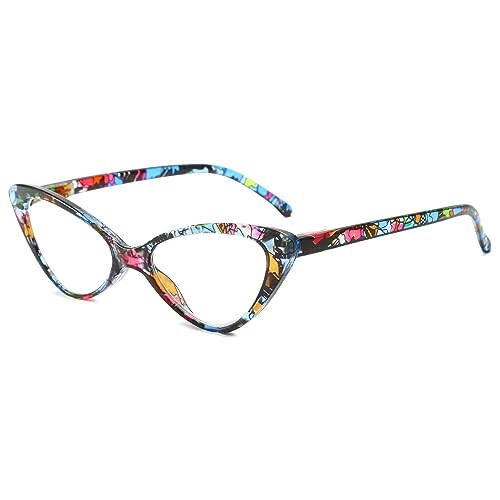 Lanomi Mode Lesebrille Damen Katzenauge Brille Klein Vintage Kunststoff Sehhilfe Leicht Lesehilfe Blau Blumenmuster 1.5 von Lanomi