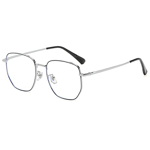 Lanomi Mode Metall Blaulichtfilter Brille Damen Herren Groß Polygon Computerbrille Ohne Stärke Vollrand UV400 Schutz TV PC Anti Blaulicht Metallbrille (Schwarz Silber) von Lanomi