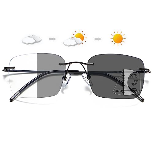 LANOMI Photochromic Lesebrille Rahmenlose Damen Herren Gleitsichtbrille Blaulichtfilter Progressives Multifokal Lesehilfe Schmal Intelligenter Selbsttönende Randlos Brille mit sehstärke Schwarz 2.0 von LANOMI