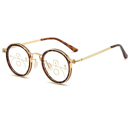 Lanomi Progressive Multifokal Lesebrille Damen Herren Rund Gleitsichtbrille Blaulichtfilter Retro Gleitsicht Lesehilfe Anti Blaulicht Brille mit Stärke Gold Schildpatt Multifokalbrille 2.5 von Lanomi