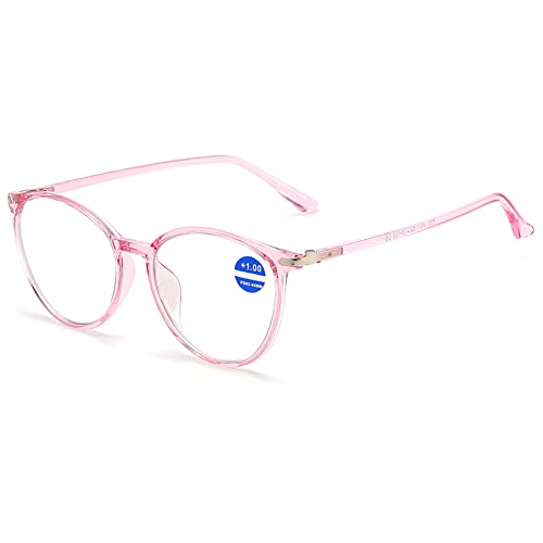 LANOMI Runden Lesebrille Blaulichtfilter Damen Herren Licht TR90 Rahmen Computer Lesehilfe Mode Cateye Brille mit Stärke Rosa 1.0 von LANOMI