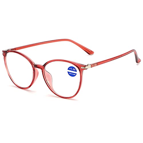 LANOMI Runden Lesebrille Blaulichtfilter Damen Herren Licht TR90 Rahmen Computer Lesehilfe Mode Cateye Brille mit Stärke Rot 2.0 von LANOMI