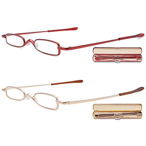 LANOMI Schmal Lesebrille Herren Federscharnier Damen Leicht Metall Lesehilfe Mini Brillen Stärke mit Etui 2er/4er pack (2 Stück(Gold+Rot), 1.75) von LANOMI