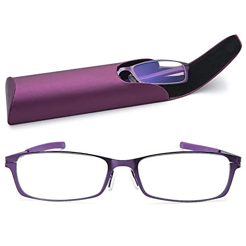 Lanomi Schmale Lesebrille Blaulichtfilter Damen Herren Ultraleichte Metall Vollrahmen Lesehilfe Sehilfe Rechteckig UV400 Schutz Computer Brille mit Etui Lila 1.5 von Lanomi