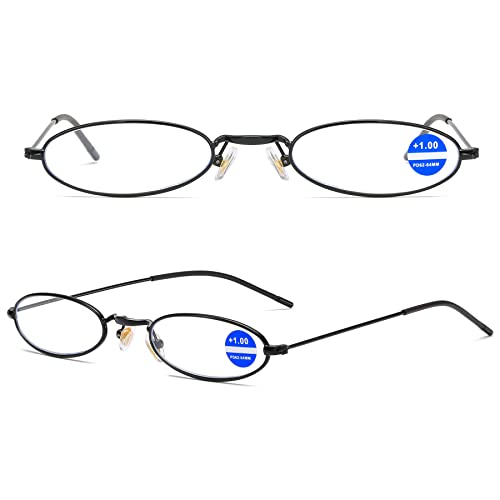 Lanomi Schmale Metall Lesebrille Blaulichtfilter Oval Dünn Rahmen Mini UV400 Schutz Lesehilfe Sehhilfe Damen Herren Retro Computer Brille mit Tube Etui Schwarz 1.0 von Lanomi