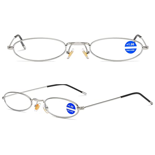 Lanomi Schmale Metall Lesebrille Blaulichtfilter Oval Dünn Rahmen Mini UV400 Schutz Lesehilfe Sehhilfe Damen Herren Retro Computer Brille mit Tube Etui Silber 1.5 von Lanomi