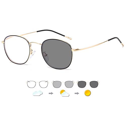 Lanomi Selbsttönende Rund Gleitsichtbrille Damen Herren Photochromic Progressive Multifokus Lesebrille Blaulichtfilter Metallrahmen UV400 Schutz Gleitsicht Schwarz Gold Sonnenlesebrille 2.5 von Lanomi