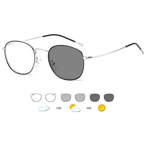 LANOMI Selbsttönende Gleitsicht Lesebrille Damen Herren Progressive Multifokus Sonnenlesebrille Groß Metallrahmen UV400 Schutz Lesehilfe Blaulichtfilter Gleitsichtbrille Schwarz Silber 1.5 von LANOMI