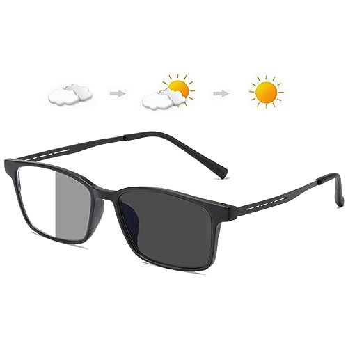 LANOMI Selbsttönende Lesebrille Herren Damen Blaulichtfilter Photochrome Lesehilfe Rechteck UV Schutz Sehhilfe Flexibel Vollbild Sonnen Brille mit Sehstärke Matt Schwarz (Selbsttönende Grey) 4.0 von LANOMI