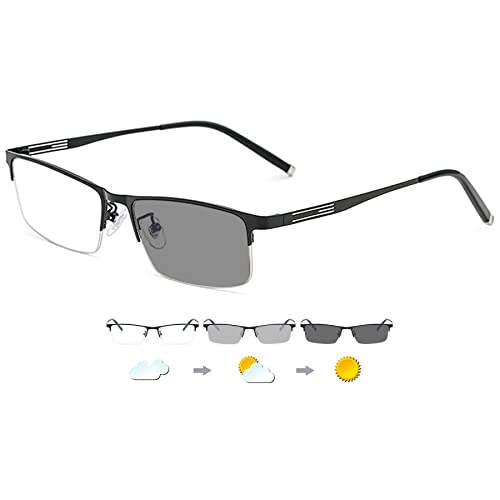 LANOMI Selbsttönende Lesebrille Photochrome Herren Halbrahmen Metall Rechteck Linse Farbverlauf Graue Outdoor Lesehilfe als Sonnebrille Brille 1,0 1,5 2,0 2,5 3,0 3,5 Schwarz 1.0 von LANOMI