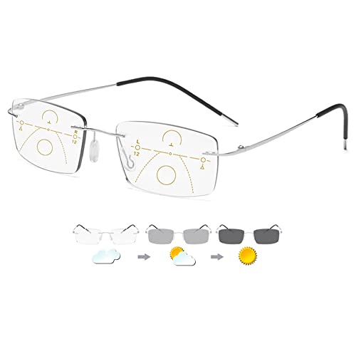 Lanomi Selbsttönende Progressives Multifokal Lesebrille Herren Damen Randlos Blaulichtfilter Computerbrille Rechteck Titan Intelligente Photochrome Lesehilfe Anti Müdigkeit Sonnebrille Silber 3.5 von Lanomi