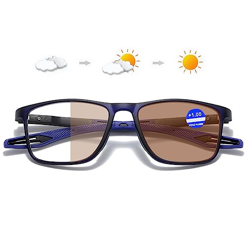 Lanomi Selbsttönende Sonnen Lesebrille Blaulichtfilter Damen Herren Photochrome Lesehilfe Rechteckig Flexibel UV400 Schutz Sonnenbrille +1,0 bis +4,0 Blau Rahmen Blau Arm(Braun photochrom) 1.0 von Lanomi