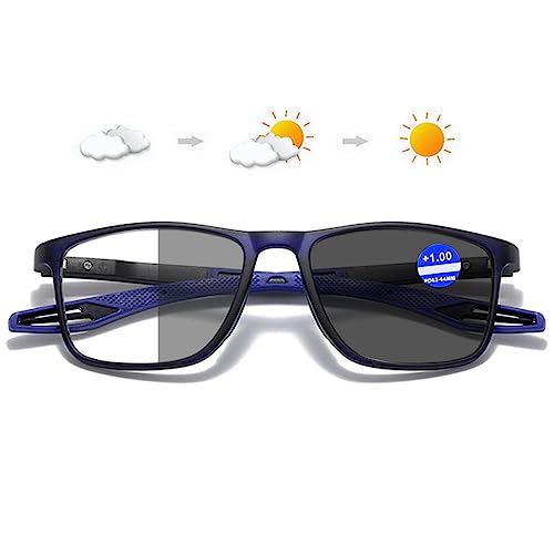 Lanomi Selbsttönende Sonnen Lesebrille Blaulichtfilter Damen Herren Photochrome Lesehilfe Rechteckig Flexibel UV400 Schutz Sonnenbrille +1,0 bis +4,0 Blau Rahmen Blau Arm(Grau photochrom) 1.0 von Lanomi