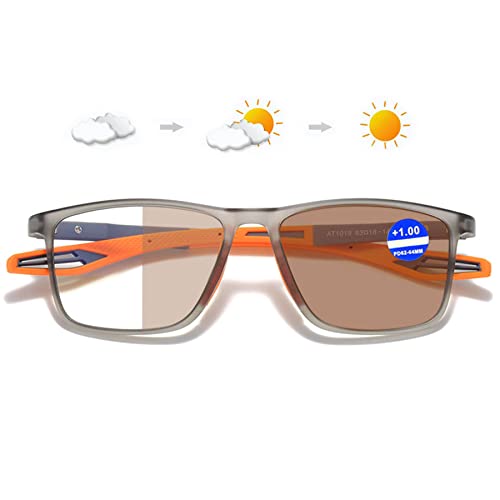 Lanomi Selbsttönende Sonnen Lesebrille Blaulichtfilter Damen Herren Photochrome Lesehilfe Rechteckig Flexibel UV400 Schutz Sonnenbrille +1,0 bis +4,0 Grau Rahmen Orange Arm(Braun photochrom) 1.0 von Lanomi