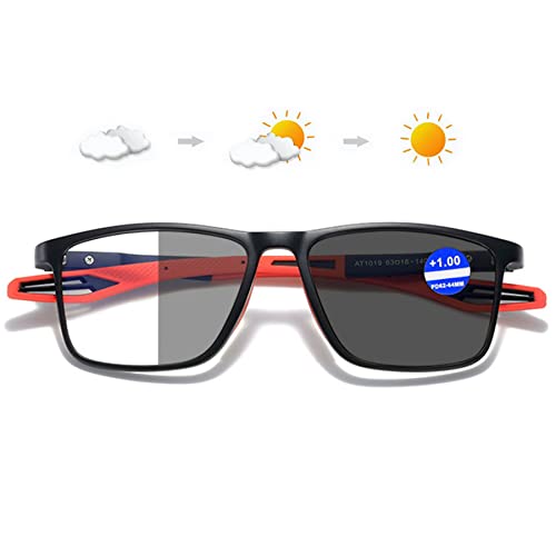 Lanomi Selbsttönende Sonnen Lesebrille Blaulichtfilter Damen Herren Photochrome Lesehilfe Rechteckig Flexibel UV400 Schutz Sonnenbrille +1,0 bis +4,0 Schwarz Rahmen Rot Arm(Grau photochrom) 1.0 von Lanomi