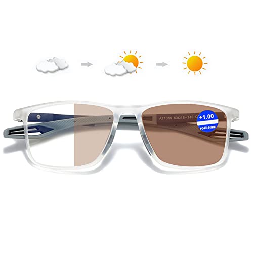 Lanomi Selbsttönende Sonnen Lesebrille Blaulichtfilter Damen Herren Photochrome Lesehilfe Rechteckig Flexibel UV400 Schutz Sonnenbrille +1,0 bis +4,0 Transparent Rahmen Grau Arm(Braun photochrom) 2.0 von Lanomi