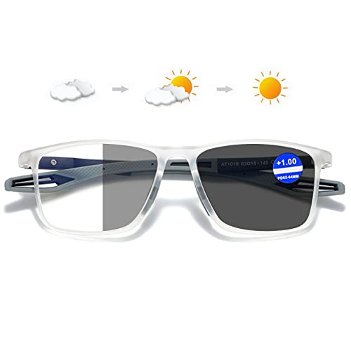 Lanomi Selbsttönende Sonnen Lesebrille Blaulichtfilter Damen Herren Photochrome Lesehilfe Rechteckig Flexibel UV400 Schutz Sonnenbrille +1,0 bis +4,0 Transparent Rahmen Grau Arm(Grau photochrom) 2.0 von Lanomi