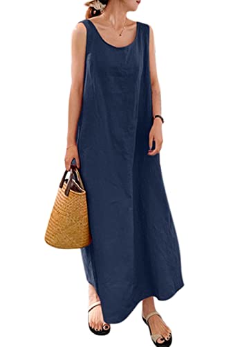 Lanomi Sommerkleid Damen Baumwolle Leinen Kleid Lang Freizeitkleid Ärmelloses Einfarbig Strandkleid Locker Tunika Kleider mit Taschen Dunkelblau 4XL von Lanomi