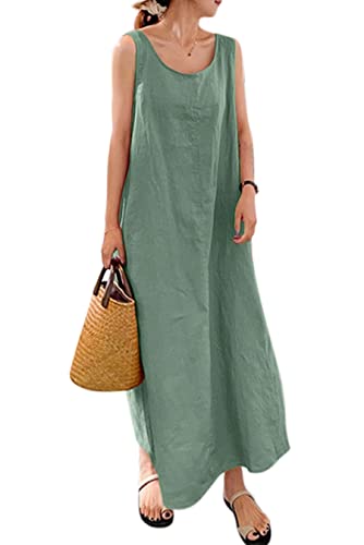 Lanomi Sommerkleid Damen Baumwolle Leinen Kleid Lang Freizeitkleid Ärmelloses Einfarbig Strandkleid Locker Tunika Kleider mit Taschen Grün 4XL von Lanomi