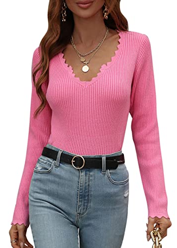 LANOMI Strickpullover Damen Basic Langarm V Ausschnitt Gestrickt Pullover Slim Fit Strick Pulli Oberteile S M L XL Rot XL von LANOMI