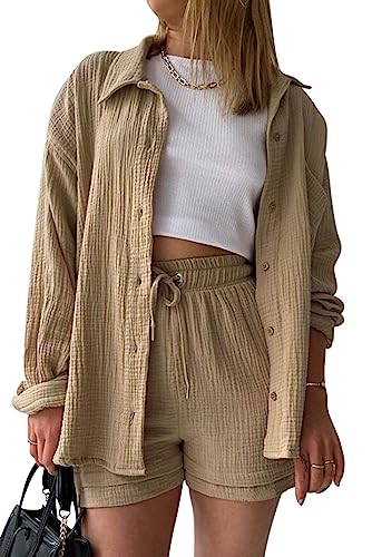 Lanomi Zweiteiler Damen Sommer Baumwolle Bluse Langarm Hemd und Shorts Set Einfarbig Outfit 2 Teiler Plissee Freizeitanzug Kurze Hosenanzug Streetwear Khaki M von Lanomi