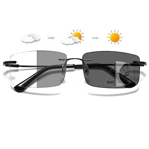 Lanomi Lesebrille Rahmenlose Photochrome Gleitsichtbrille Damen Herren Blaulichtfilter Randlos Intelligenter Selbsttönende Sonnen Lesehilfe Ultraleicht Titan Multifokal Brille Schwarz(Photochrome) 3.5 von Lanomi