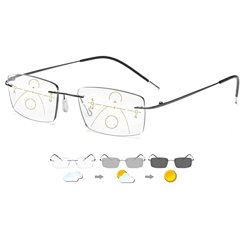 Lanomi Selbsttönende Progressives Multifokal Lesebrille Herren Damen Randlos Blaulichtfilter Computerbrille Rechteck Titan Intelligente Photochrome Lesehilfe Anti Müdigkeit Sonnebrille Waffenfarbe 3.0 von LANOMI