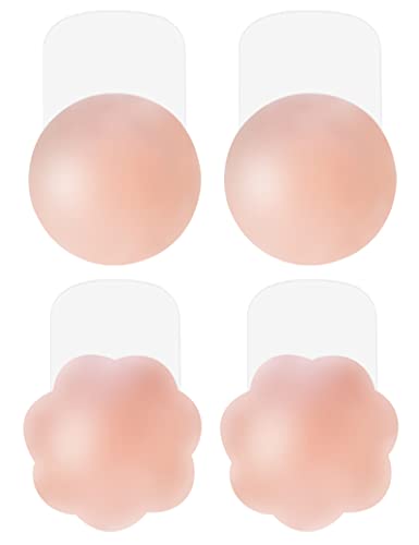 MELLIEX Nipple Cover - Silikon-Gel Brustaufkleber Damen BH Nippelabdeckung Selbstklebend hochdrücken & Wiederverwendbar, Kleidern und Badebekleidung (1 Paar Blume + 1 Paar Runde, M) von MELLIEX