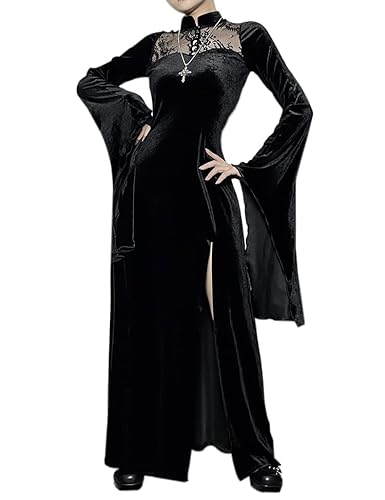 LANSHULAN Spitze Langarm Kleid Schwarz Drapiert Bodycon Goth Vintage Kleider, G-black, X-Groß von LANSHULAN