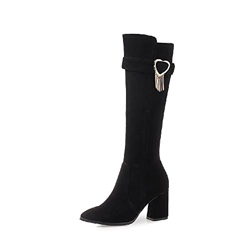 LANTUI 2021 Herbst- und Winter-High-Heeled-Frauen-Knie-Länge-Stiefel mit hoher Wildleder-Massivfarbgürtelschnalle Side-Reißverschluss Frauenstiefel,Black-44 von LANTUI