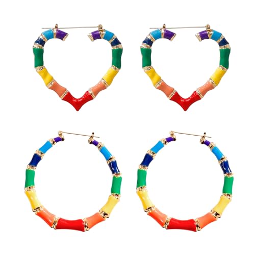 2 Paar Regenbogen-Ohrringe für Damen, bunte Regenbogen-Bambus-Creolen, trendig, mehrfarbig, Bambus-Herz-Ohrringe, schwul, lesbisch, LGBTQ, Bisexuell, Ohrschmuck, Zubehör für Sie, Zink, Kein Edelstein 2 Paar Regenbogen-Ohrringe für Damen, bunte Regenbogen-Bambus-Creolen, trendig, mehrfarbig, Bambus-Herz-Ohrringe, schwul, lesbisch, LGBTQ, Bisexuell, Ohrschmuck, Zubehör für Sie, Zink, Kein Edelstein von LANWLOSI