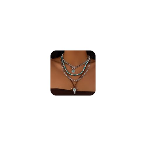 LANWLOSI Mehrlagige Western-Halsketten für Damen, Boho, Western-Stil, türkis, Perlen, Choker, Ochsenkopf, Halskette, Cowgirl, Country-Konzert, Schmuck, Cowboy-Carter-Outfit-Zubehör, Türkis, Kein LANWLOSI Mehrlagige Western-Halsketten für Damen, Boho, Western-Stil, türkis, Perlen, Choker, Ochsenkopf, Halskette, Cowgirl, Country-Konzert, Schmuck, Cowboy-Carter-Outfit-Zubehör, Türkis, Kein von LANWLOSI