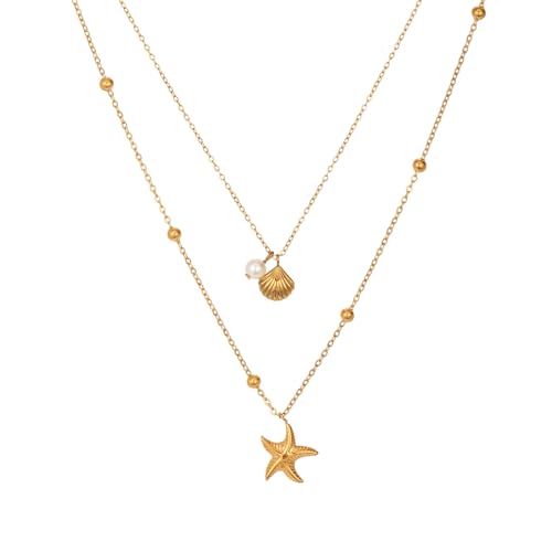 Seestern-Muschel-Halsketten für Damen, 14 Karat vergoldet, geschichtet, Seestern, Muschel, Muschel, Perlen, Anhänger, Halskette, Sommer, Strand, Urlaub, Schmuck, Accessoires, Geschenke für sie, Zink Seestern-Muschel-Halsketten für Damen, 14 Karat vergoldet, geschichtet, Seestern, Muschel, Muschel, Perlen, Anhänger, Halskette, Sommer, Strand, Urlaub, Schmuck, Accessoires, Geschenke für sie, Zink von LANWLOSI