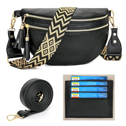 LANXINGLUO crossbody bag damen breiter gurt 5CM groß bauchtasche damen leder Mit Kreditkartenfach und 2 Schultergurten-Schwarz von LANXINGLUO