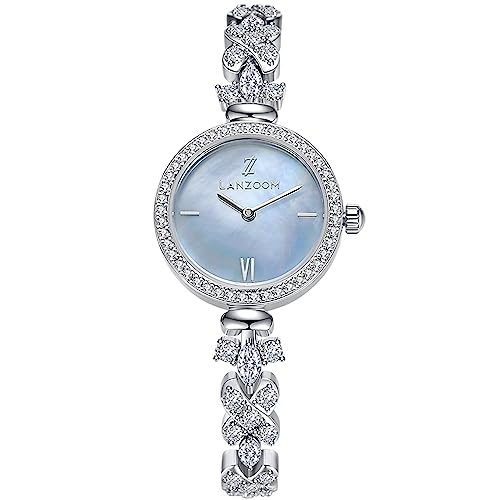 LANZOOM Damen Quarzuhr Silber Rund Diamant Blau Perlmutt Zifferblatt Verstellbarer Schmuckverschluss mit Zirkonia verkrustetes Armband 3ATM Wasserdicht Blau Modern, Blau, Modern von LANZOOM