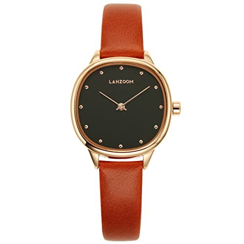 LANZOOM Damenuhr Retro Frosted Schwarz Zifferblatt mit Lederband Uhr Serie Braini, Black von LANZOOM