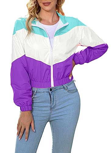 LAOARA Damen Leichte Windjacke Sport Jacke Reißverschluss Farbblock Mantel Casual Langarm Jogging Oberbekleidung, Violett, L von LAOARA