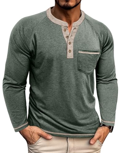 LAOARA Herren Langarm Henley-Shirt Modisches T-Shirt mit Knopfleiste Leichtes Oberteil mit Tasche von LAOARA