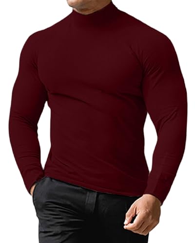 LAOARA Herren Rollkragenshirt Langarmshirt T Shirt Stehkragen Longsleeve Thermo Baumwolle Langarm Slim Fit Pullover Weinrot 3XL von LAOARA