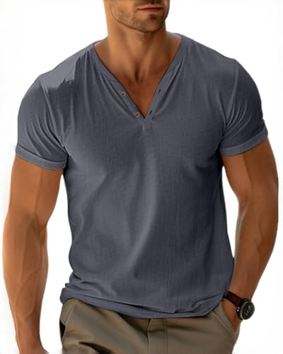 LAOARA Herren T-Shirt Sommer Henry Shirt Männer Button Up Kurzarm Urlaub Casual Leicht Tops von LAOARA