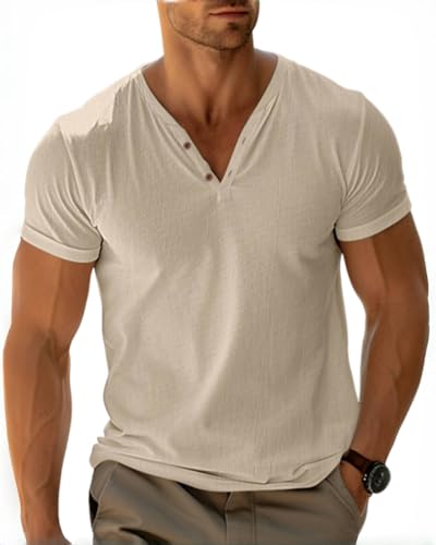 LAOARA Herren T-Shirt Sommer Henry Shirt Männer Button Up Kurzarm Urlaub Casual Leicht Tops von LAOARA