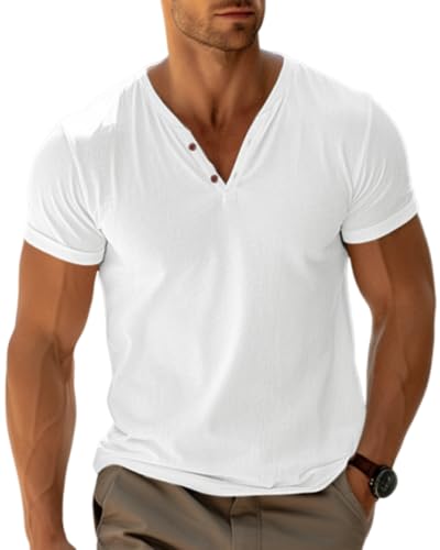 LAOARA Herren T-Shirt Sommer Henry Shirt Männer Button Up Kurzarm Urlaub Casual Leicht Tops von LAOARA