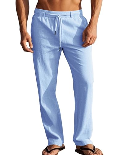 LAOARA Hosen Herren Hose Sommerhose Freizeithose Baumwolle Leichte Sommer Leinenhose Lang mit Taschen Kordelzug Blau XXL von LAOARA